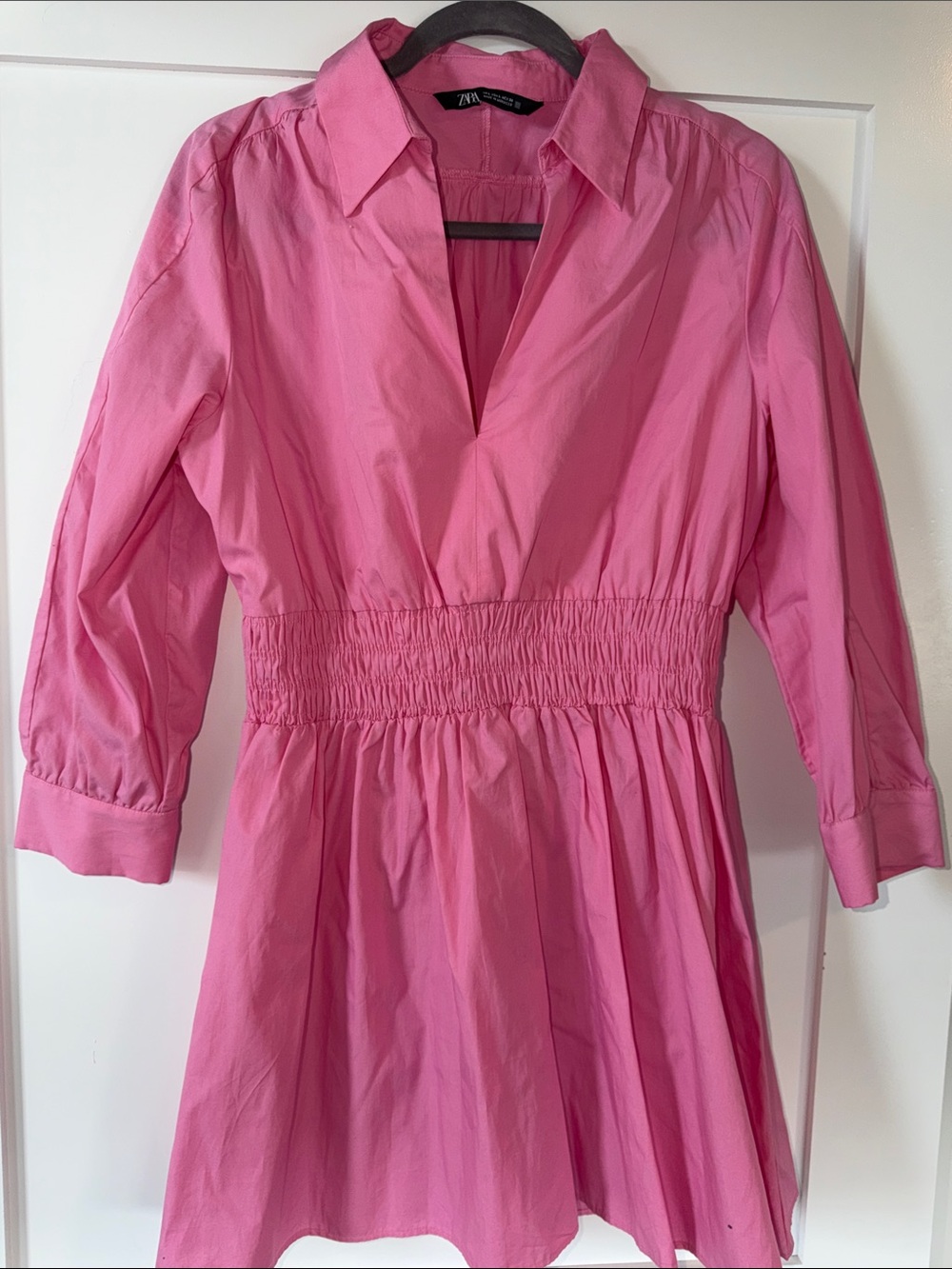 Zara Hot Pink Collared Smocked-Waist Dress